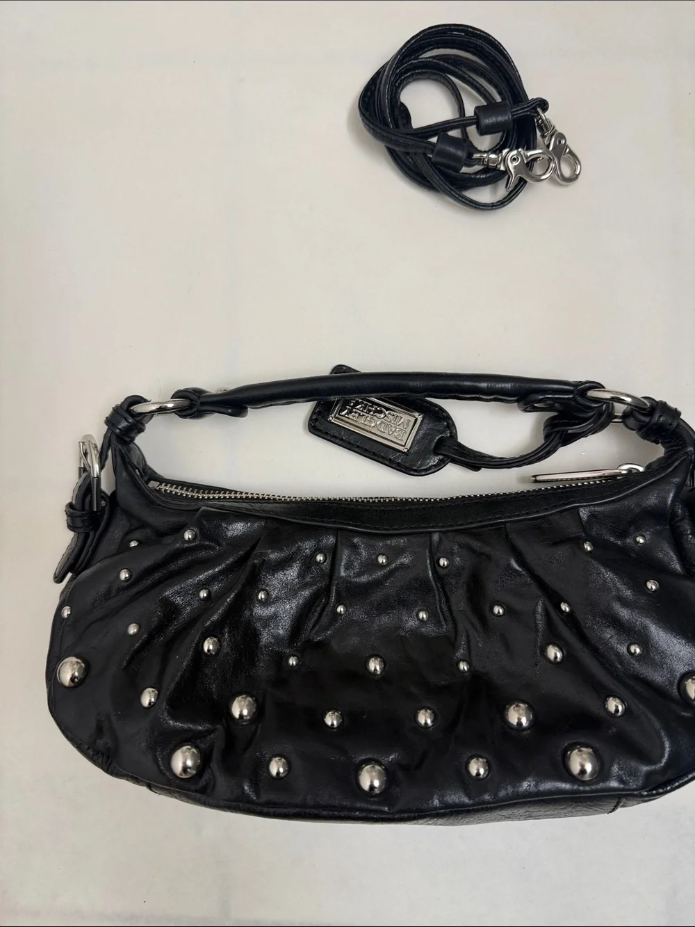 Badgley Mischka Black Studded Leather Hobo Shoulder Bag